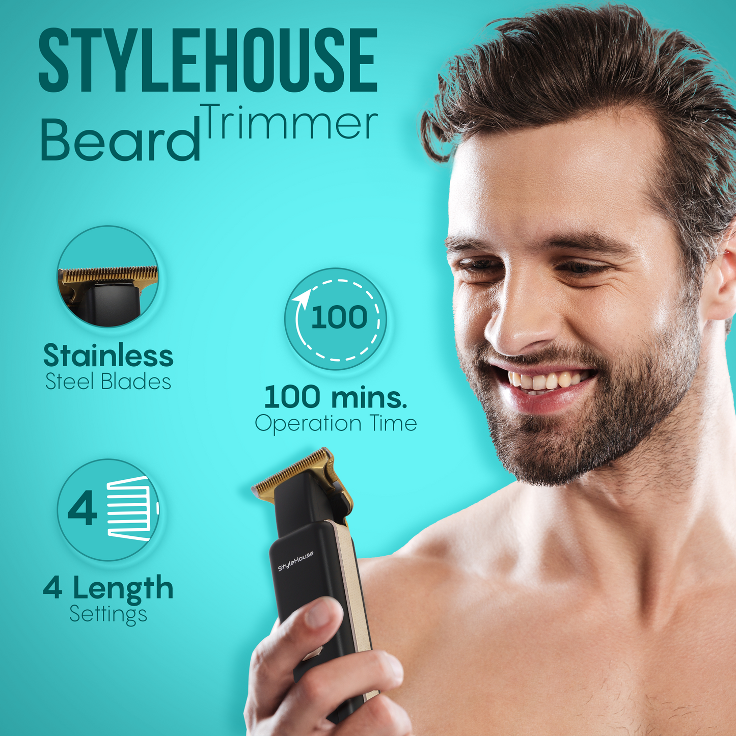 StyleHouse X40 Trimmer for Men, 100 Mins Runtime, 5 Length Settings, High Performance Golden T Blade (Black Edition)
